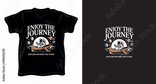 Astronaut in canoe exploring space with planets and stars enjoy the journey graphic vector art t-shirt design print template.