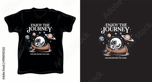 Astronaut in canoe exploring space with planets and stars enjoy journey graphic vector art t-shirt design print template.
