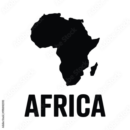 A stark black silhouette of the african continent is displayed with the name africa below