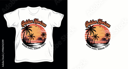 Golden horizon warm hues serene vibes t-shirt design, vintage illustration of tropical beach sunset.