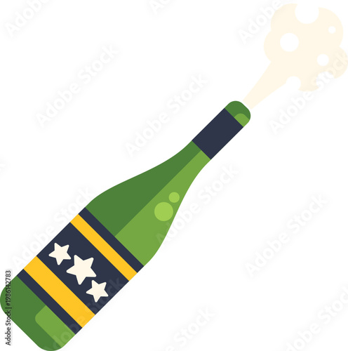 Champagne bottle popping cork, creating fizz and celebrating a party or event