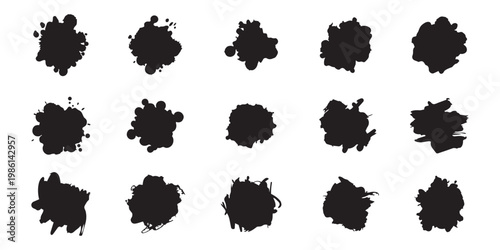 Black ink splatter set. Rough paint blobs and messy liquid stain elements. Professional vector graphic pack.
