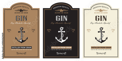 collection of gin labels with yacht anchor in retro style