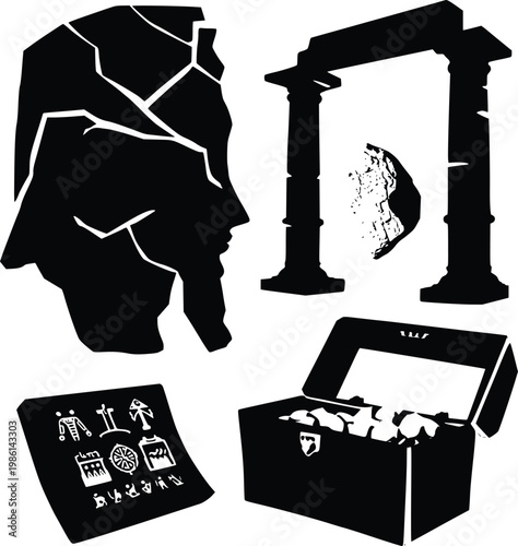 Black silhouettes of ancient artifacts and mysterious objects