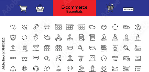 Ecommerce essentials outline icon set featuring shopping cart delivery payment tracking customer service inventory checkout marketing communication vector collection
