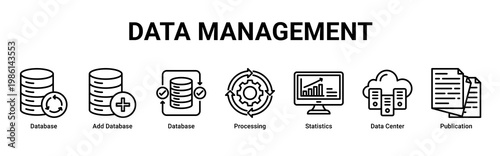 Data Management web banner icon vector illustration with icons of Database, Add Database, Database, Processing, Statistics, Data Center and Publication