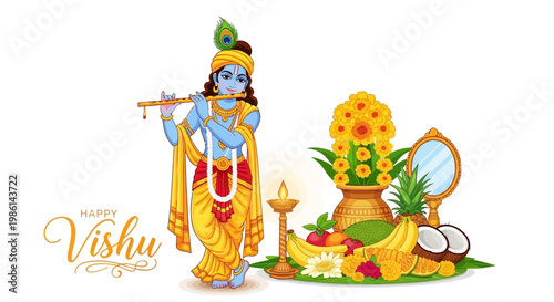 Colorful vector illustration depicting a traditional Vishu Kani concept with Krishna playing the flute, arranged alongside a mirror, fruits, and a lit diya, set against a clean white