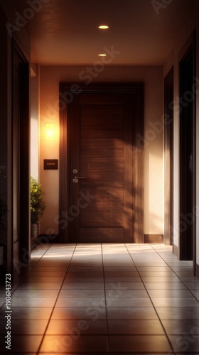 A peaceful hallway illuminated by soft afternoon light highlights textured walls and a beautifully crafted wooden door. Plants add a touch of nature and warmth to this tranquil setting