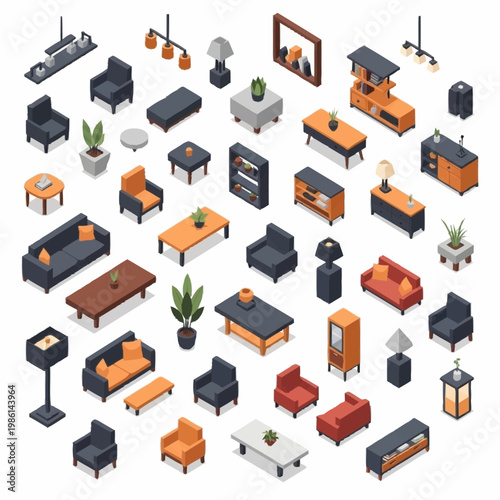 Collection of Isometric Furniture and Home Decor Objects.