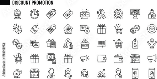 Discount promotion marketing outline icon set featuring sale coupon loyalty reward pricing offer ecommerce campaign advertising shopping vector collection