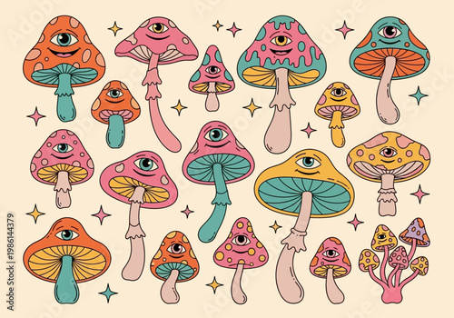 Retro Psychedelic Mushroom Illustration with All Seeing Eyes and Stars, Groovy 70s Hippie Aesthetic Vector Art