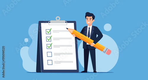 Successful businessman in a blue suit holding a giant pencil while standing next to a large completed task checklist on a board.