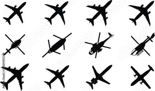 Black Aircraft Silhouette Collection with Passenger Airplanes and Helicopters from Top View, Aviation Transport Vector Illustration, Airline Travel SEO Symbols