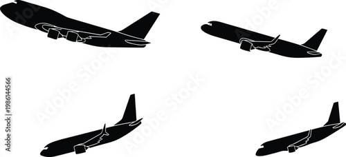 Black Airplane Silhouette Set with Commercial Passenger Jets Taking Off and Flying, Aviation Transport Vector Illustration, Airline Travel SEO Design Elements