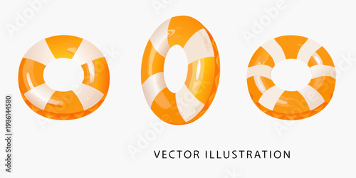 Three orange and white inflatable life preservers displayed in a row