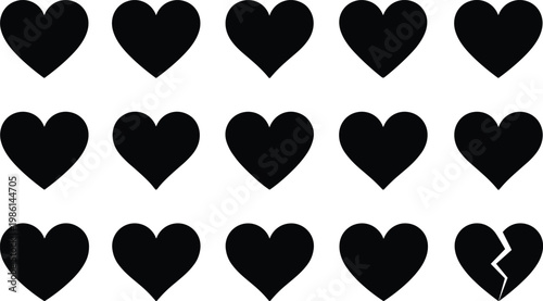 Black Heart Icon Set with Broken Heart Symbol Silhouette, Valentine Day Love Shapes, Romantic Wedding Decor Elements, Minimalist UI Vector Graphics