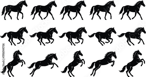 Black Horse Silhouette Set with Running Walking and Rearing Poses, Equestrian Animal Motion Vector Illustration, Stallion Galloping SEO Graphic Design Elements