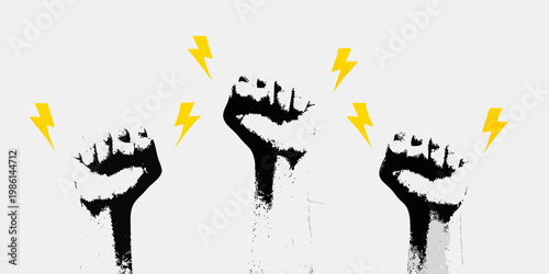 Three raised fists with yellow lightning bolts symbolizing power and protest