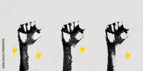 Three clenched fists rise against a textured gray background with lightning