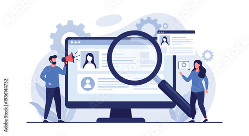 Human resources team using a giant computer and magnifying glass to search for the best job candidates and talent.