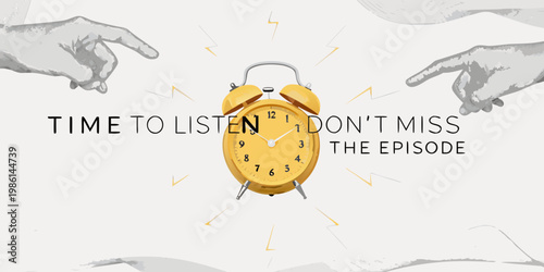 A yellow alarm clock with hands pointing to time to listen