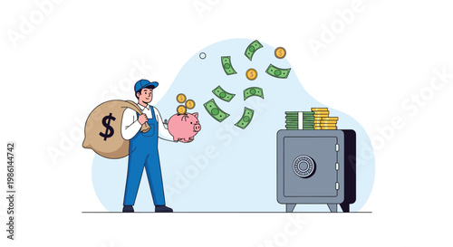 Professional worker saving money by putting coins into a piggy bank and storing a large cash bag in a safe.