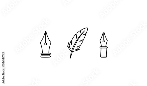 Fountain pen nib quill and dip pen line icon set for calligraphy writing tools vector collection