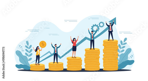 Successful business people celebrating on top of rising coin stacks to represent financial growth and increasing wealth.