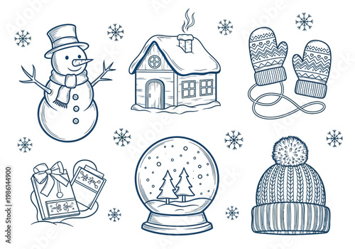 Foto Hand Drawn Winter Sketches Collection with Snowman, Cozy Cottage, Mittens, Snow