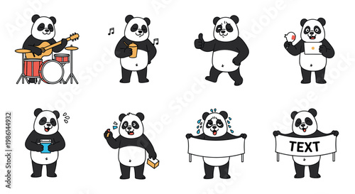 Cute panda bear character collection with various activities such as playing music showing a thumbs up or holding a banner.