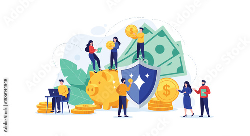 Team of people protecting savings and investments with a giant blue shield to represent financial security and safety.