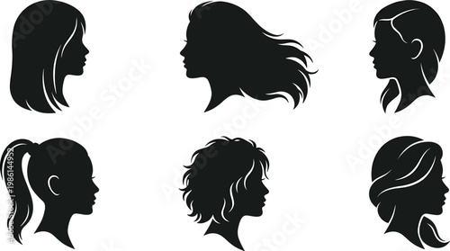 Collection, of, black, woman, head, profile, silhouettes, showing, diverse, hairstyles, including, ponytail, curly, long, short, wavy, hair, isolated, vector, illustrations
