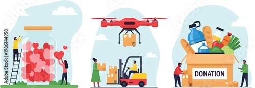 Charity Donation Illustration Set with Heart Jar, Drone Delivery, and Volunteer Packing Goods for Philanthropy, Social Cause, and Humanitarian Efforts
