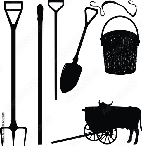 Farm tools and cart with ox silhouette