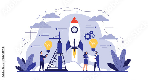 Collaborative team working together to build and launch a space rocket representing a successful business startup.
