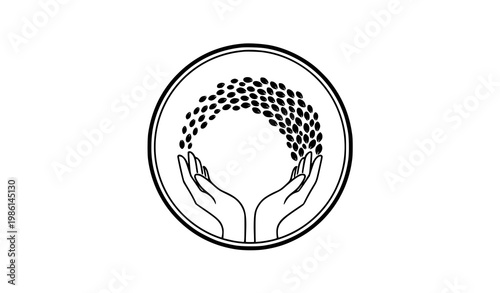 Hands catching seeds circular emblem vector illustration symbol of growth nature and sustainability