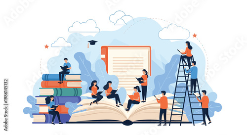 Diverse group of tiny people engaged in reading and learning activities around an enormous open book and stacks.