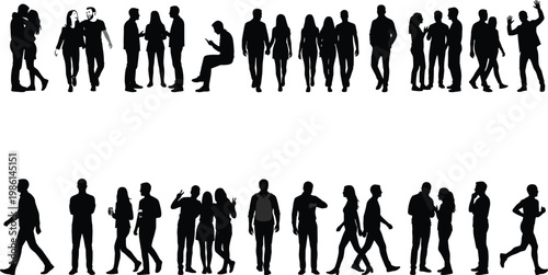 Large collection of black silhouette people in various poses including walking, standing, sitting, talking, running, and groups for architectural visualization.