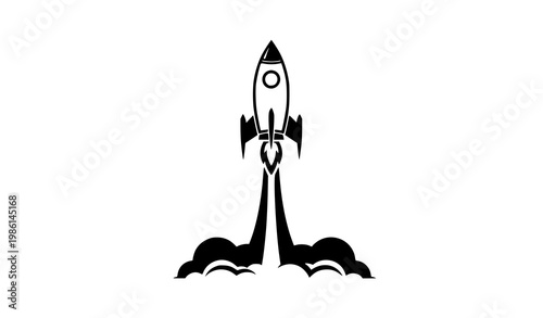 Rocket launching into space vector illustration with smoke trail and flame for startup and exploration concept
