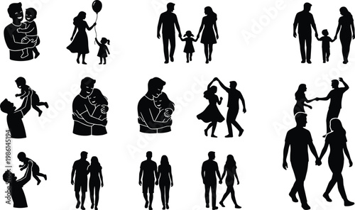 Large collection of black silhouettes featuring happy families, parents with children, couples dancing, hugging, walking, and holding hands, isolated on white,