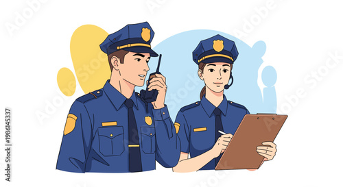 Professional police officers in blue uniforms with one officer using a radio while the other writes on a clipboard.