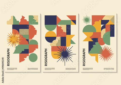 Abstract Geometric Risograph Poster Set with Retro Shapes and Grainy Texture for Minimalist Wall Art and Creative Graphic Design Templates