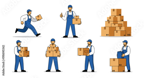 Set of delivery service workers in blue overalls carrying cardboard boxes and showing positive thumbs up gestures.