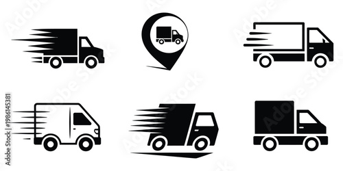 Delivery truck icons set, clean editable stroke vector collection featuring delivery van, cargo truck, speed motion lines, and logistics transportation symbols for shipping services