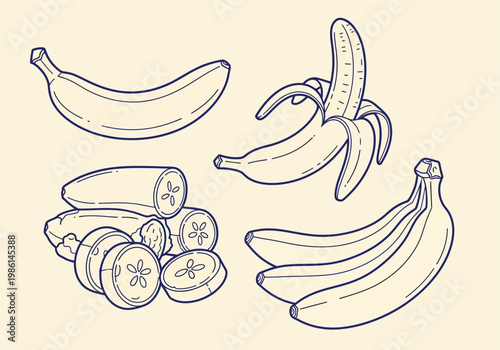 Minimalist Banana Line Art Illustration Set: Whole, Peeled, Bunch, and Sliced Fruit Drawings
