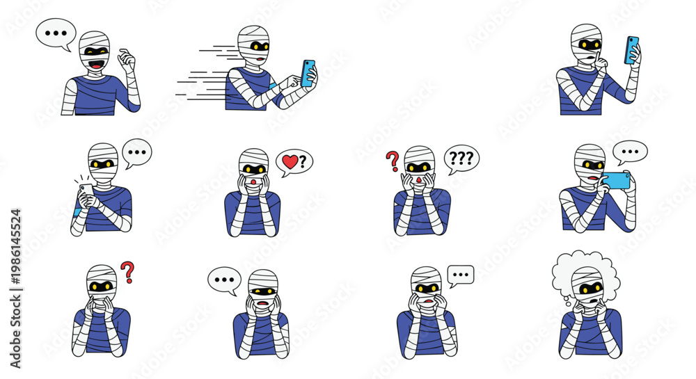Fototapeta premium Set of cartoon mummy characters using modern mobile smartphones for taking selfies and messaging on white background.