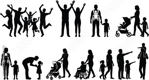 Silhouette collection of happy families jumping, parents with baby carriers, mother pushing stroller, wheelchair user, and father with child, isolated