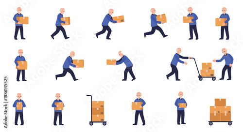 Collection of elderly male courier characters in blue shirts delivering cardboard boxes using trolleys and hands.