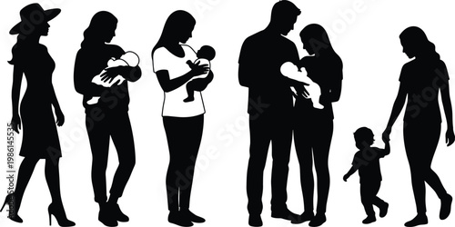 Silhouette collection of mothers holding newborn babies, family couple with infant, and woman walking with toddler, isolated on white background