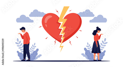 Sad man and woman standing apart on opposite sides of a giant broken heart struck by a lightning bolt.